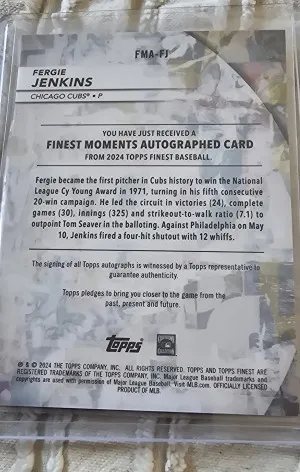 2024 Topps Finest Moments Superfractor 1/1 Autograph Fergie Jenkins back