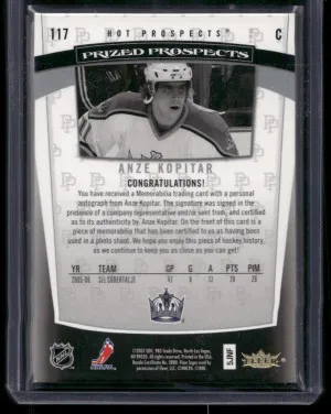 2007 UD Fleer Anze Kopitar #117 Hot Prized Prospects Rookie Patch Auto #'d /599 back