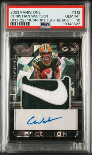 2023 Panini One Update Christian Watson Upd-'22 Prcsn.rk.pt.au-Black /5 PSA 10 front