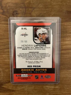 21-22 OPC Platinum Hendrix LaPierre Red Prism Rookie Auto 36/60 back