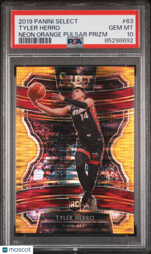 2019 Panini Select #63 Tyler Herro Neon Orange Pulsar Prizm /13 PSA 10 front