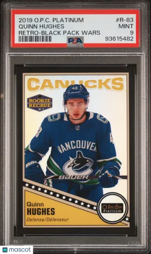 2019 O-Pee-Chee Platinum Retro Quinn Hughes #R-83 Black Pack Wars Rookie PSA 9 front