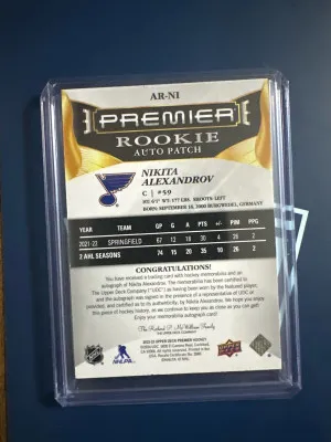 Nikita Alexandrov Premier Rookie Patch Auto 246/249 back