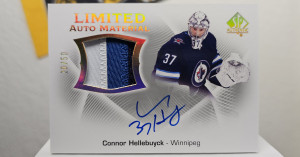 2021-2022 UD SP Authentic Limited Auto Material Connor Hellebuyck /50 front