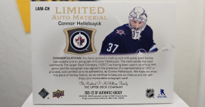 2021-2022 UD SP Authentic Limited Auto Material Connor Hellebuyck /50 back
