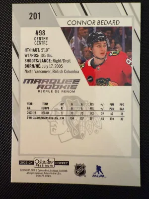 2023-24 O-Pee-Chee Platinum Connor Bedard RC #201 back
