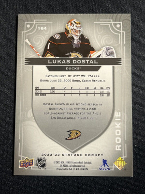 Lukas Dostal /399 made Rookie Stature 2022-23 Insert Parallel Hockey Card 164 back