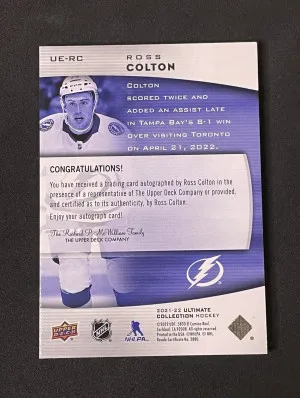 ROSS COLTON 2021-21 Upper Deck Ultimate Collection Rookie Auto GOLD Avalanche back