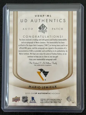 2023-24 Upper Deck SP Authentic UD Authentics Mario Lemieux Patch Auto 11/25 SSP back