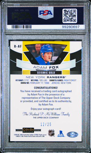 2020 O-Pee-Chee Platinum Update Autographs Adam Fox Upd-'19 Rk.au-Seismic Gold back