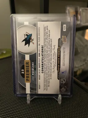 Upper Deck Premier Joe Pavelski Premier Materials Tag Patch /3 back