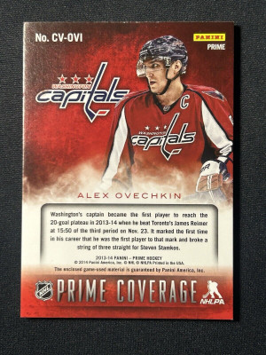 Alex Ovechkin /25 made Prime Coverage Jersey Patch Stick 2013-14 Hockey Card back