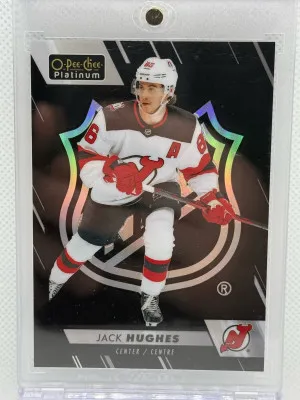 2023-24 OPC Platinum Jack Hughes Black NHL Shield SSP 1:288 Packs. front