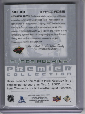 2022-23 Upper Deck Premier Collection Super Rookies Patch Auto Marco Rossi /99 back