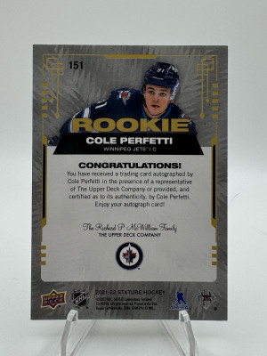 2021-22 Upper Deck Stature - Rookies Auto /199 #151 Cole Perfetti back