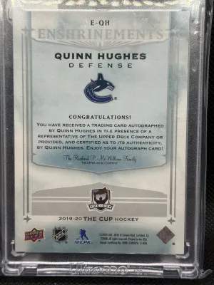 2019 Upper Deck The Cup Quinn Hughes RC Enshrinements Auto #\99 back
