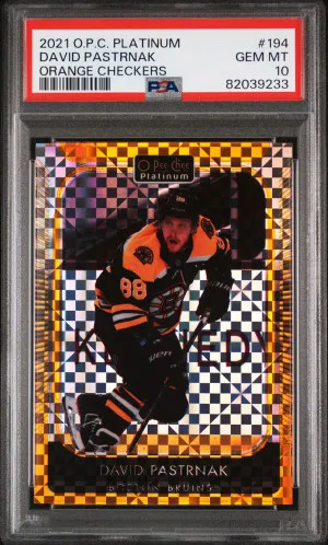 2021 Upper Deck O-Pee-Chee Platinum David Pastrnak Orange Checkers PSA 10 front