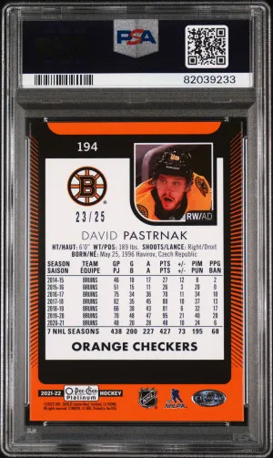 2021 Upper Deck O-Pee-Chee Platinum David Pastrnak Orange Checkers PSA 10 back