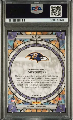Zay Flowers (RC) Stained Glass - PSA 10 - Case Hit - 2023 Panini Mosaic - Ravens back