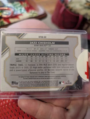 2021 Topps Triple Threads Jazz Chisholm Amethyst triple patch rookie auto /75 back