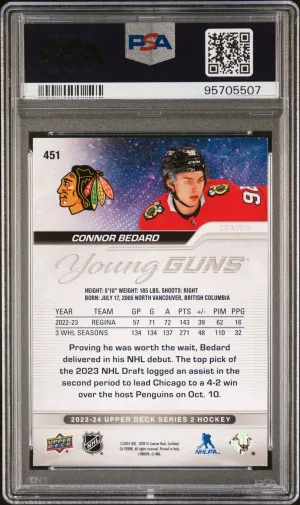 2023 Upper Deck Connor Bedard Young Guns PSA 10 back