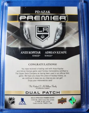 2022-23 Upper Deck Premier Dual Patch Anze Kopitar, Adrian Kempe /15 (3 color) back