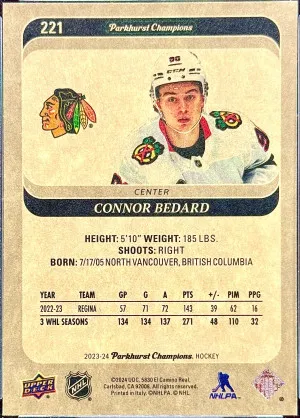 Connor Bedard 2023-24 Parkhurst Champions Rookie SP RC #221 back