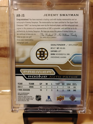 2021-22 Upper Deck Premier Jeremy Swayman Gold Rookie Patch Auto /35 back