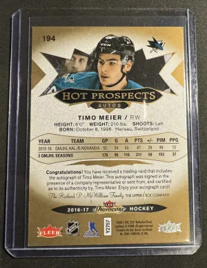 2016-17 Fleer Showcase Timo Meier Hot Prospects Auto /499 back