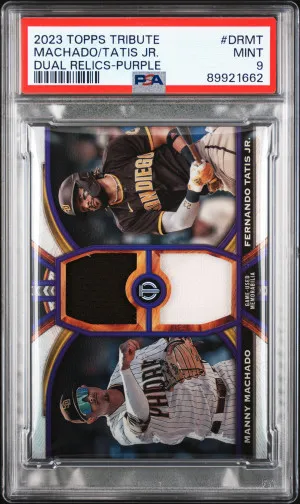 2023 Topps Tribute Tribute Dual Relics Dual Player Machado/Tatis Jr. Dual Relics-Purple front