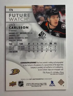 2023-24 SP AUTHENTIC LEO CARLSSON 176 #/999 ROOKIE FUTURE WATCH AUTO back