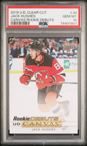 2019 Upper Deck Clear Cut Canvas Rookie Debuts Jack Hughes Canvas Rookie Debuts front