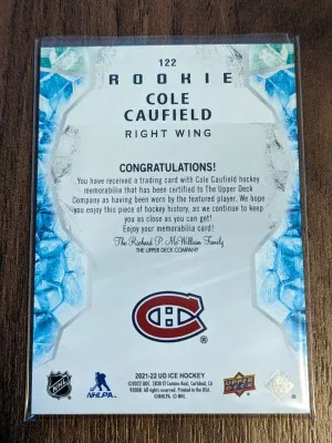 2021-22 Upper Deck Ice Jersey Relics Rookie COLE CAUFIELD Canadiens 122 Jersey back