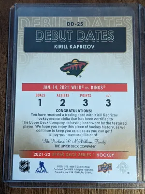 2021-22 Upper Deck Series 1 Debut Dates Jersey Gold Kirill Kaprizov DD-25 back