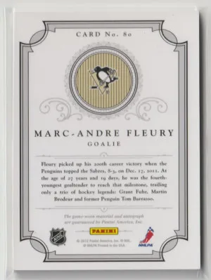 Panini Dominion Peerless Patches Marc-Andre Fleury #80 Auto 3/40 Patch back