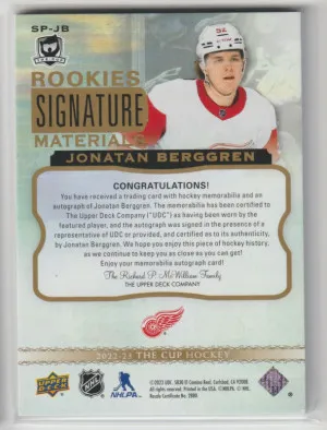 UD The Cup Rookie Signature Materials Jonatan Berggren SP-JB RC Auto /99 Patch back