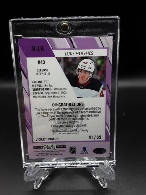 2023/24 OPC Platinum Violet Pixel Auto Luke Huges #'d 1/99 /99 Devils back