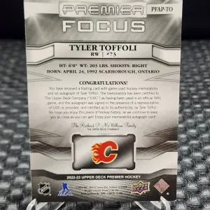 2022-23 Upper Deck Premier - Premier Focus Auto Patch #PFAP-TO Tyler Toffoli /49 (AU, MEM back
