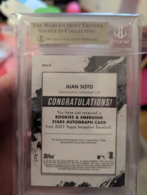 2021 Topps Inception Rookie and Emerging Stars Juan Soto Auto /65 graded 9.5 back