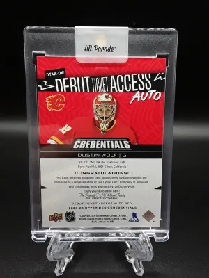2023-24 UD Credentials Dustin Wolf Debut Ticket Access Red Auto /49 Rookie RC back