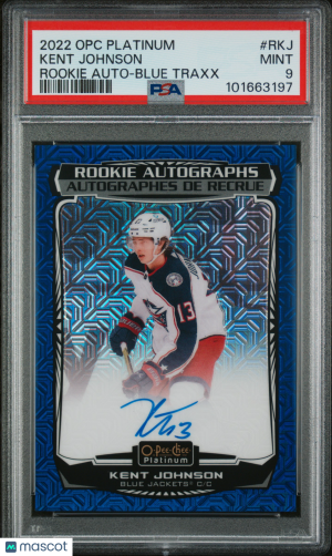 Kent Johnson 2022 O-Pee-Chee Platinum Rookie Auto Blue Traxx PSA 9 front