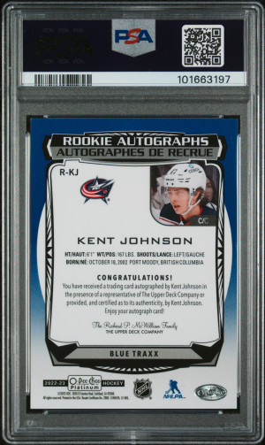 Kent Johnson 2022 O-Pee-Chee Platinum Rookie Auto Blue Traxx PSA 9 back