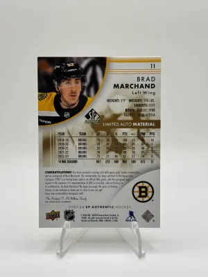 2023-24 SP Authentic Limited Patch Autographs Brad Marchand PATCH AUTO /25 back