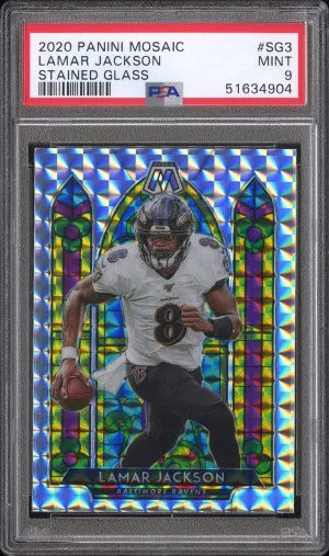 2020 Panini Mosaic Stained Glass Lamar Jackson Stained Glass PSA 9 front