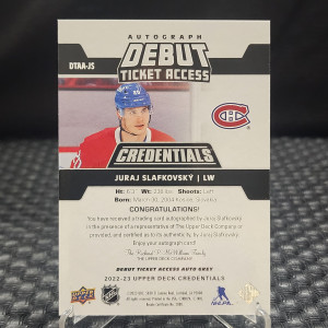 2022-23 Upper Deck Credentials - Debut Ticket Access Autographs #DTAA-JS Juraj Slafkovsky /99 (AU, RC) back