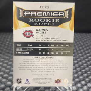 2022-23 UD Premier Rookie Auto Patch Kaiden Guhle 39/249 back