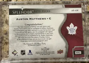 Auston Matthews Splendor Auto Pucks Bookend /15 back