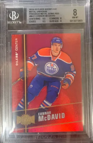 Connor McDavid 2015-16 Fleer Precious Metal Gems PMG Red /150 Rookie RC #MU-1 BGS 8 front