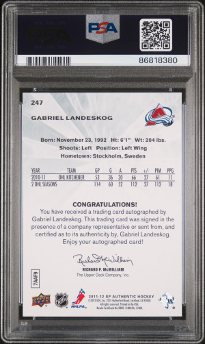 2011 SP Authentic Gabriel Landeskog #247 PSA 10 back