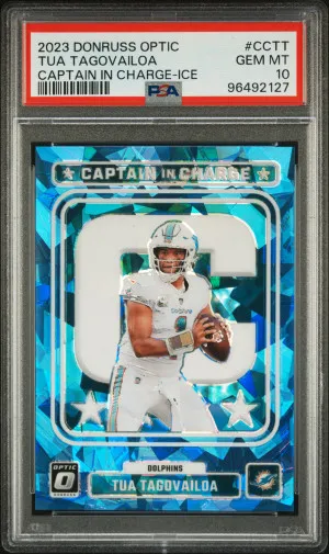 2023 Panini Donruss Optic Captain In Charge Tua Tagovailoa Captain In Charge-Ice /17 PSA 10 front